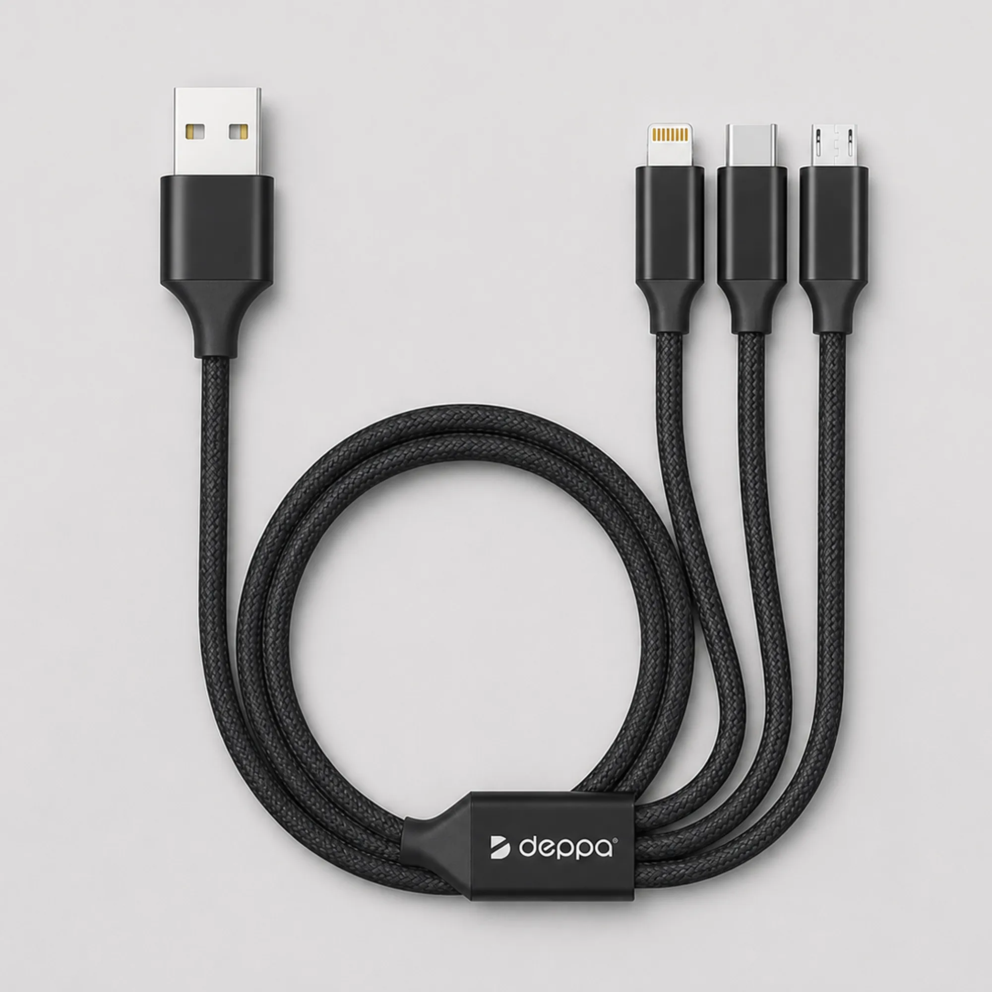 Дата-кабель 3 в 1: micro USB, USB-C, Ligthning, алюминий, 1.2м, черный, Deppa