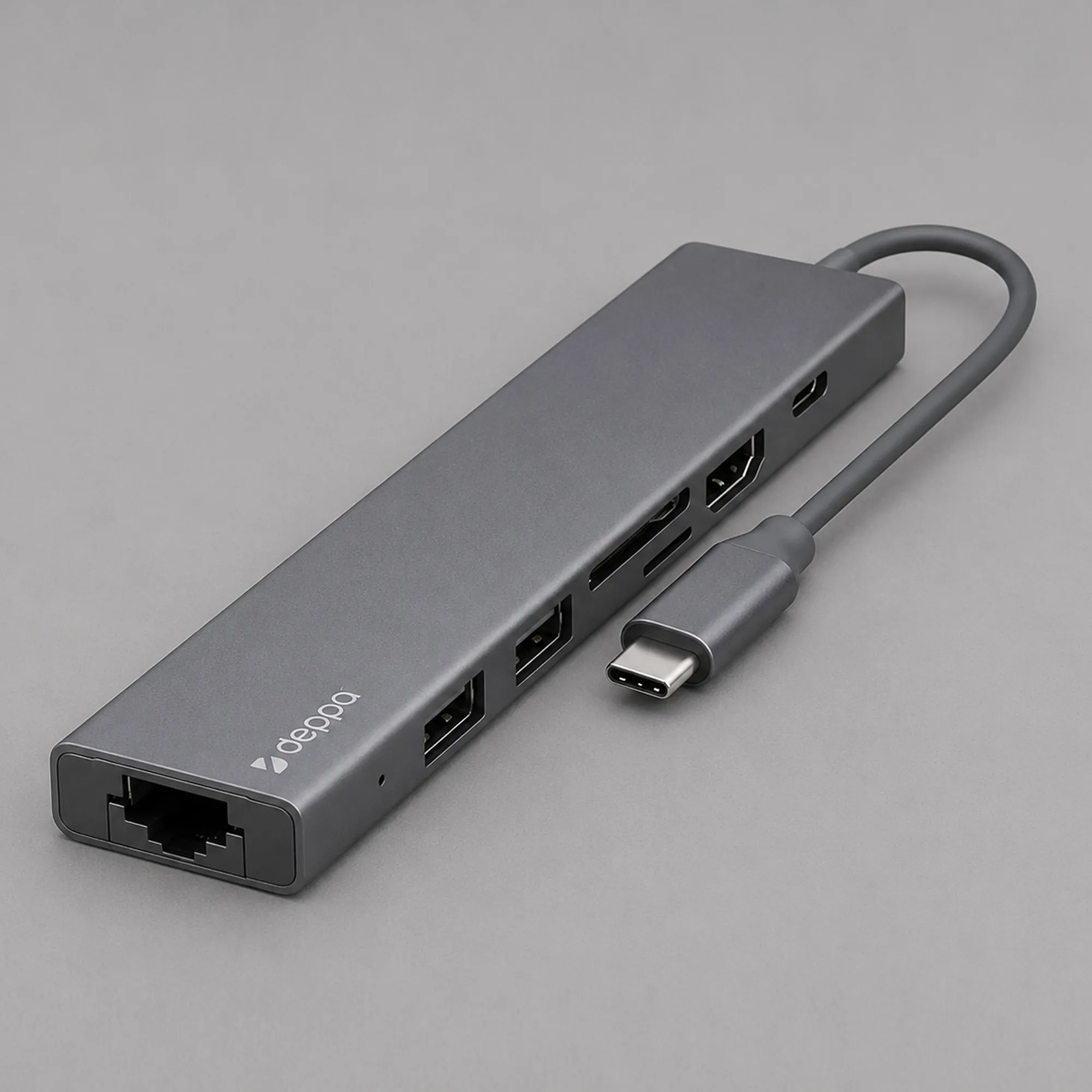 USB Type-C хаб 7-в-1, HDMI, Power Delivery, 2xUSB 3.0, RJ45, microSD/SD, графит, Deppa