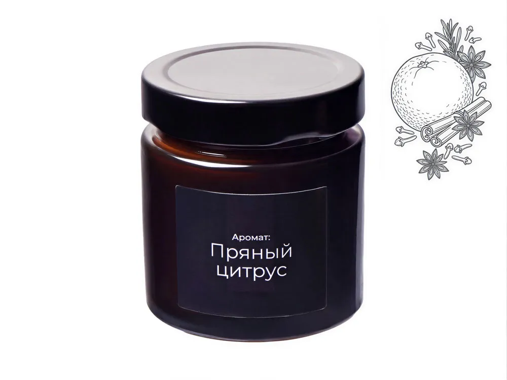 Свеча в стеклянной коричневой банке 200мл, аромат "Пряный цирус", фитиль деревянный