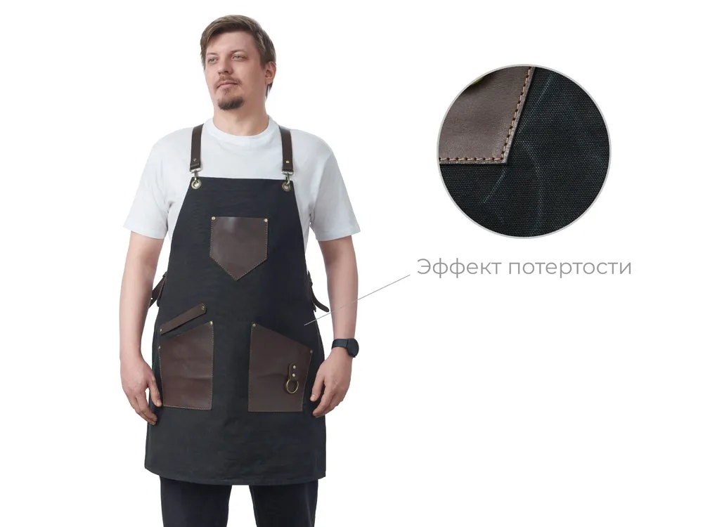 Фартук из канваса с ремнями из натуральной кожи, материал: канвас смесовый, плотность 450 гр/м, натуральная кожа КРС, цвет черный, коричневый темный