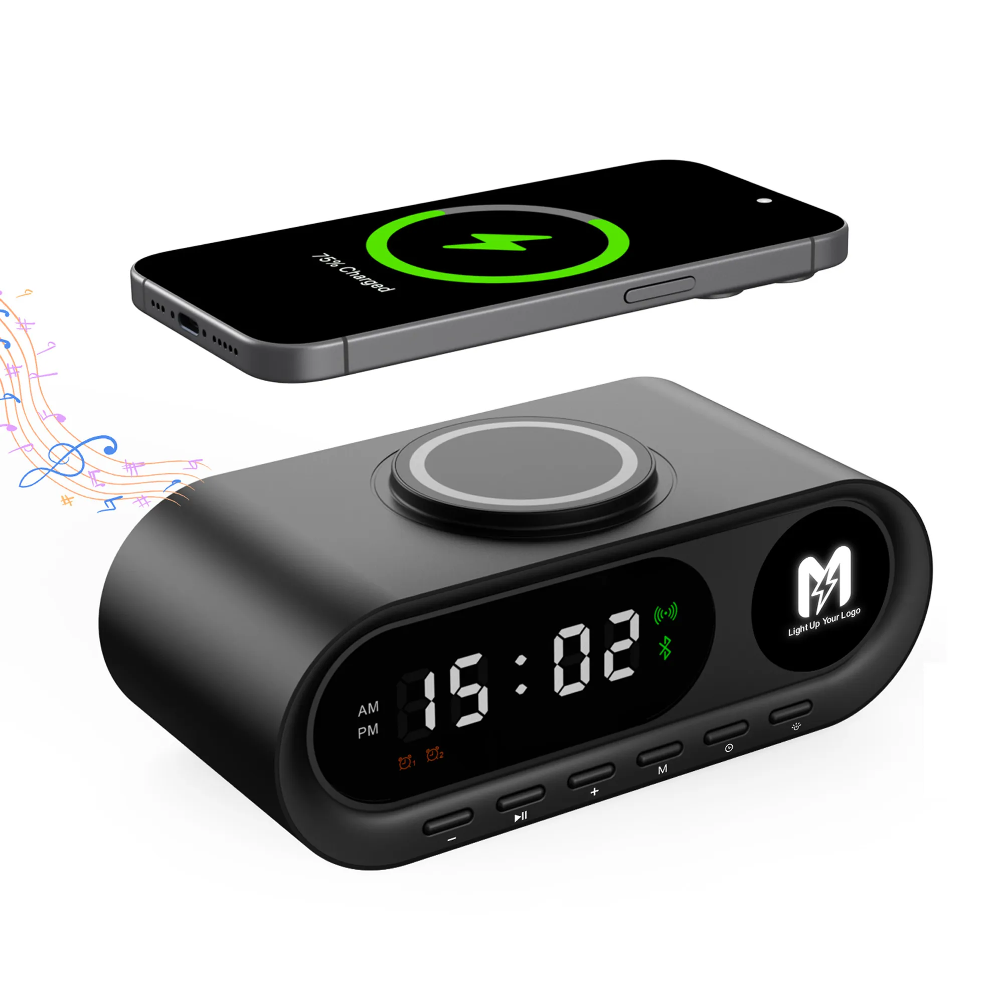 Настольные часы "Smart Hub" с bluetooth колонкой 5Вт, беспроводной (15W) зарядкой и подсветкой логотипа черный