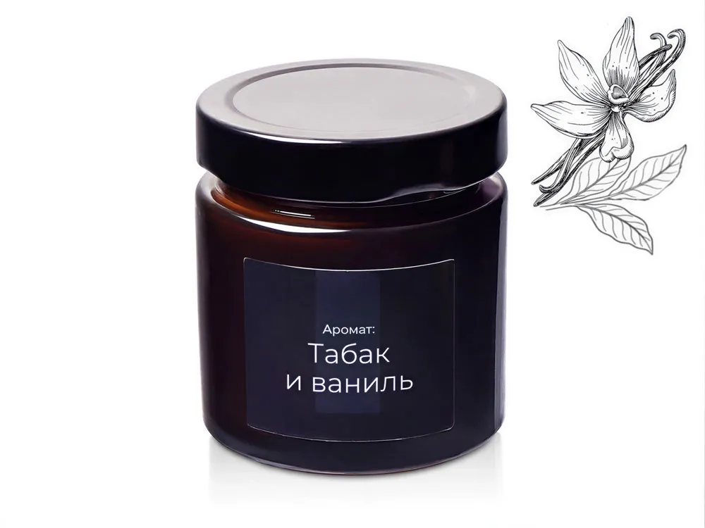 Свеча в стеклянной коричневой банке 200мл, аромат "Табак и ваниль", фитиль деревянный