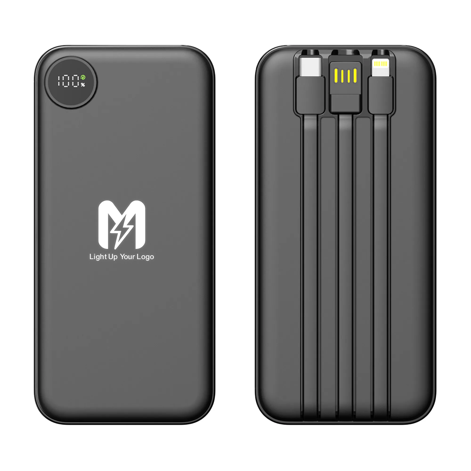 Зарядное устройство "Форт" 10000 mAh с подсветкой логотипа, встроенными кабелями и цифровым индикатором заряда черный