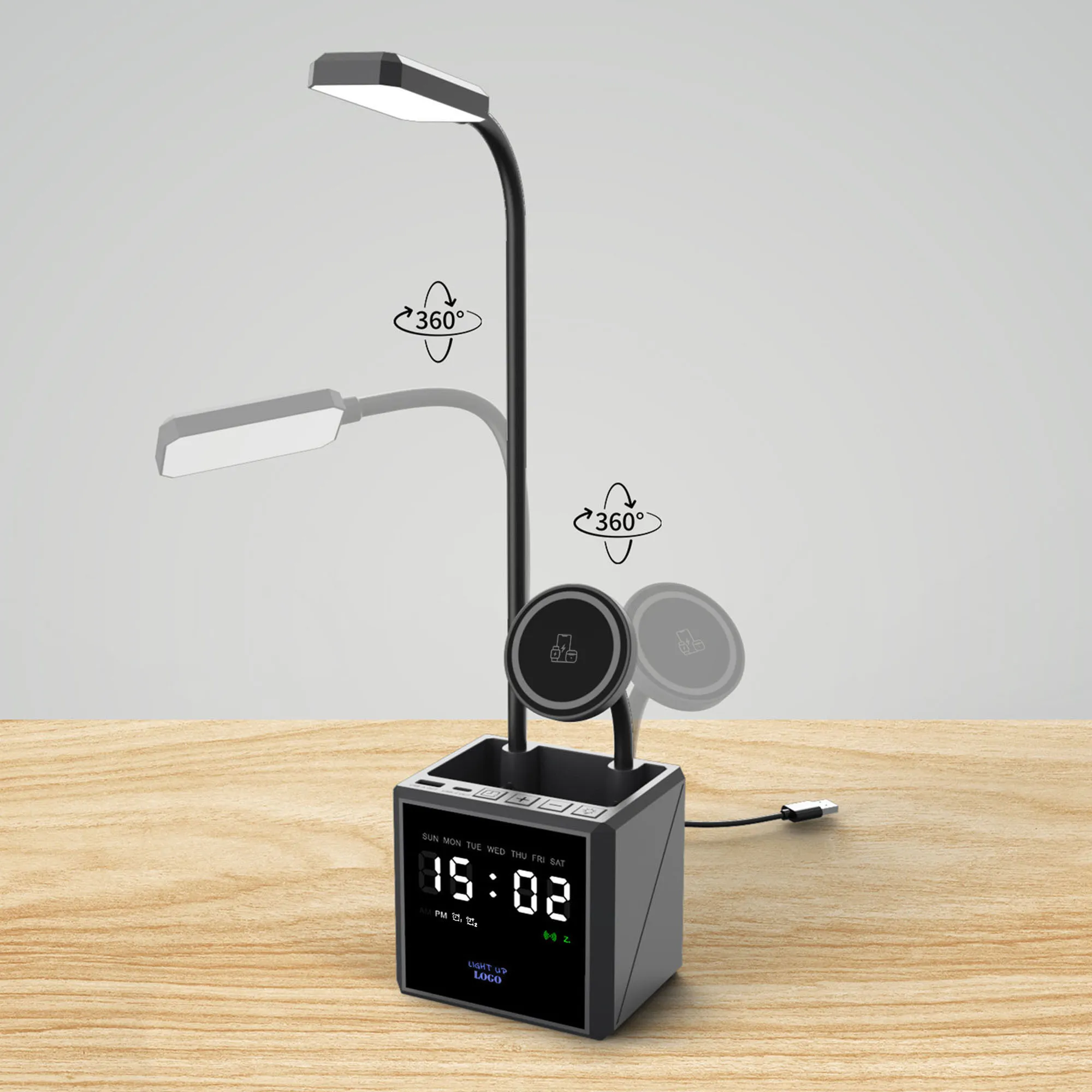 Лампа "Smart Flex" с беспроводным 3в1 (15W) ЗУ с MagSafe, часами, карандашницей и подсветкой логотипа черный