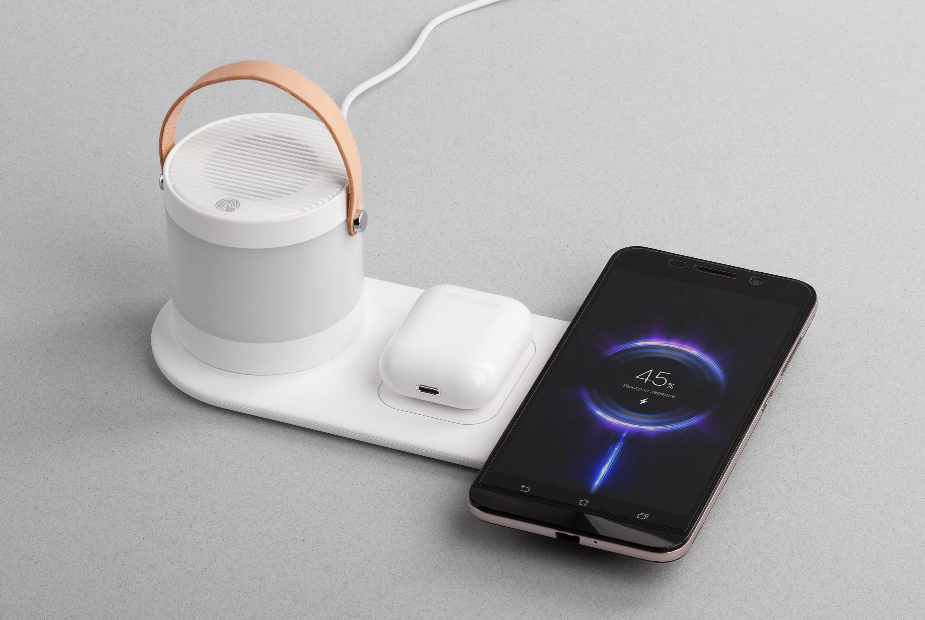 Настольная беспроводная (15W) зарядная станция "Smart Home" с bluetooth колонкой-лампой белый