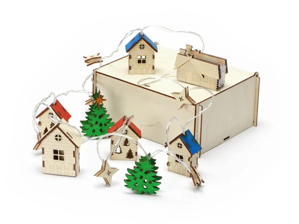 Елочная гирлянда с лампочками "Новогодняя" цветная + деревянная коробка с наполнителем-стружкой "Ларь"