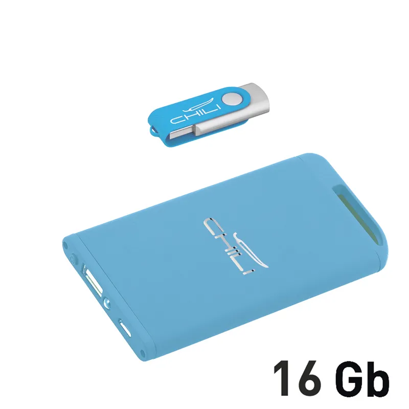 Набор зарядное "Theta" 4000 mAh + флеш-карта "Vostok" 16Гб  в футляре, голубой, покрытие soft touch голубой